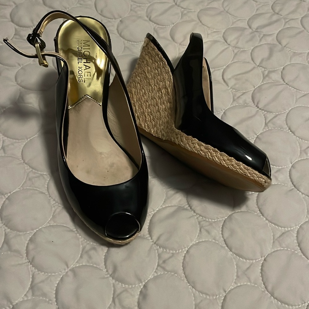 Michael Kors, black patent leather wedge sandals size 6.5